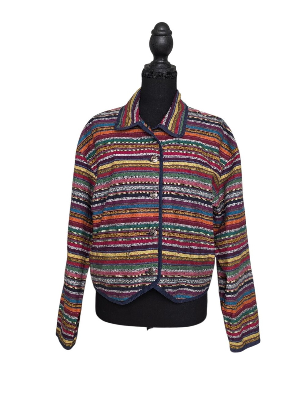 Vintage Lizwear Textile Stripe Cropped Jacket Boho Southwestern Large Petite